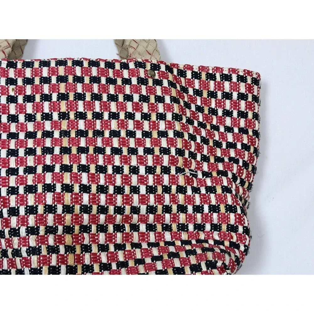 Kate Spade Woven Straw Tote Bag Red Black Cream Leather‎ Trim Large Shopper